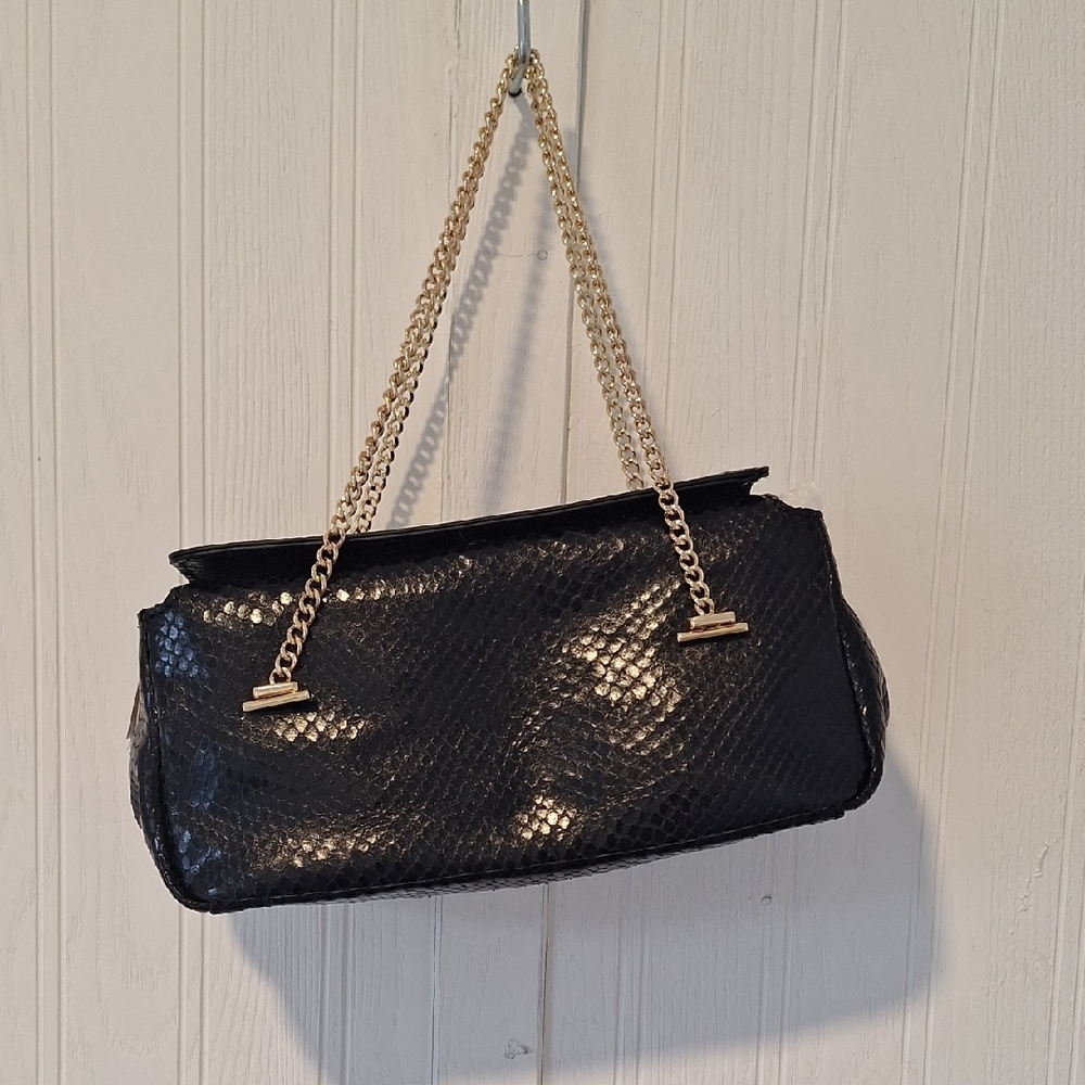 J.Crew Black Scaly Leather Shoulder Bag & Clutch | Gold Chain | NWT
